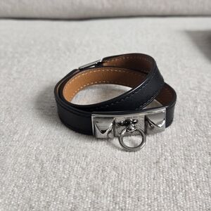 Hermes Black and Tan Leather Double Tour Bracelet with Palladium Ring